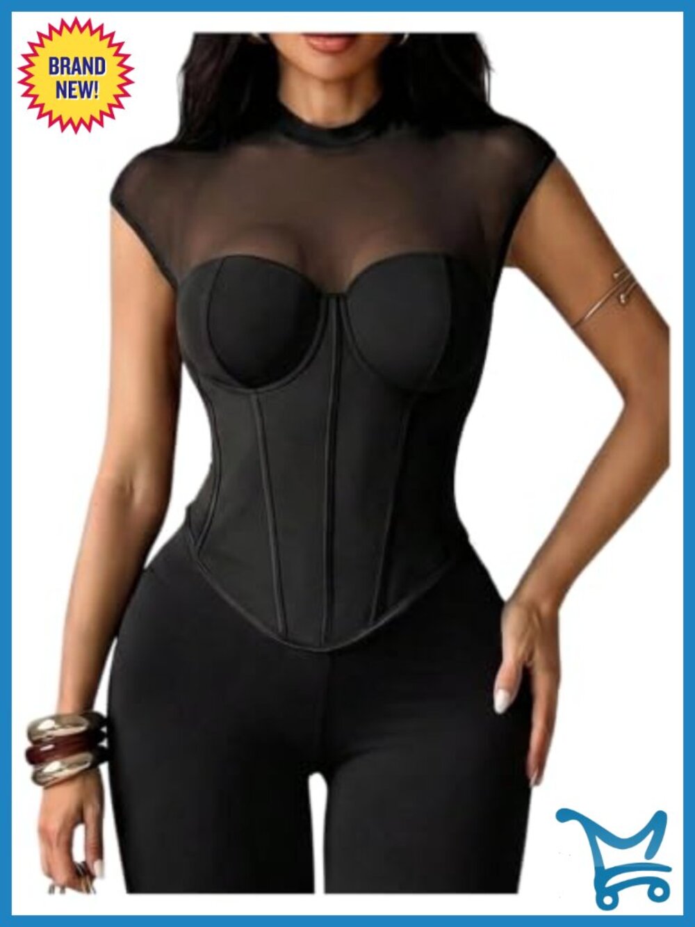 Mesh Corset Top Cap Sleeve Mock Neck Going Out T-Shirt Slim Fit